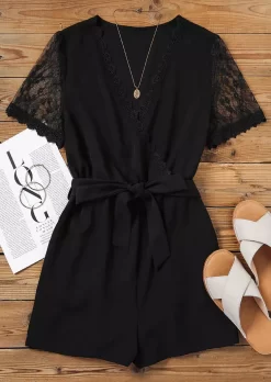 Lace Splicing Tie V-Neck Romper - Black 9 Lace Splicing Tie V-Neck Romper - Black -Garment Sale Store SCM014313 3 32300807262544 124