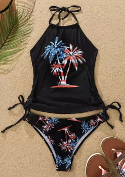 Coconut Tree Drawstring Halter Tie Tankini Set - Black -Garment Sale Store SCM014398 1 32040370341366 124
