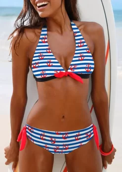 Striped Anchor Halter Tie Bikini Set - Blue