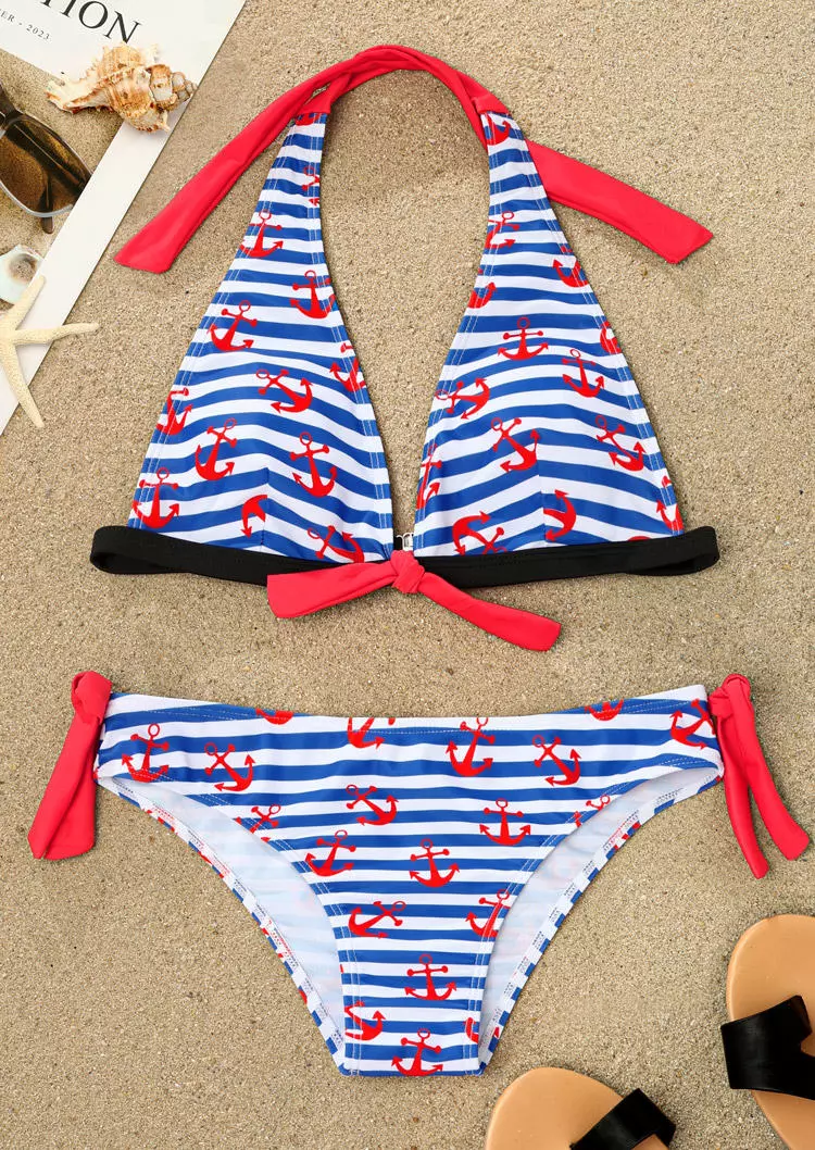 Striped Anchor Halter Tie Bikini Set - Blue 4 Striped Anchor Halter Tie Bikini Set - Blue - Image 2