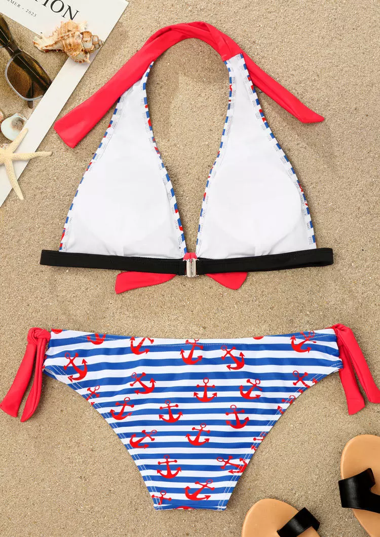 Striped Anchor Halter Tie Bikini Set - Blue 5 Striped Anchor Halter Tie Bikini Set - Blue - Image 3