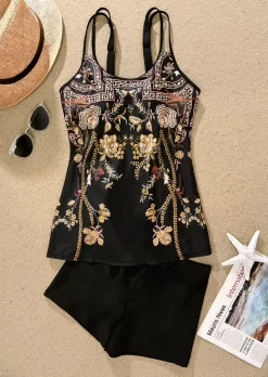 Floral Hollow Out Spaghetti Strap Tankini Set - Black -Garment Sale Store SCM014437 1 32289739503158 124