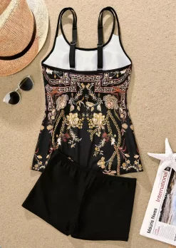 Floral Hollow Out Spaghetti Strap Tankini Set - Black -Garment Sale Store SCM014437 1 32289739536184 124
