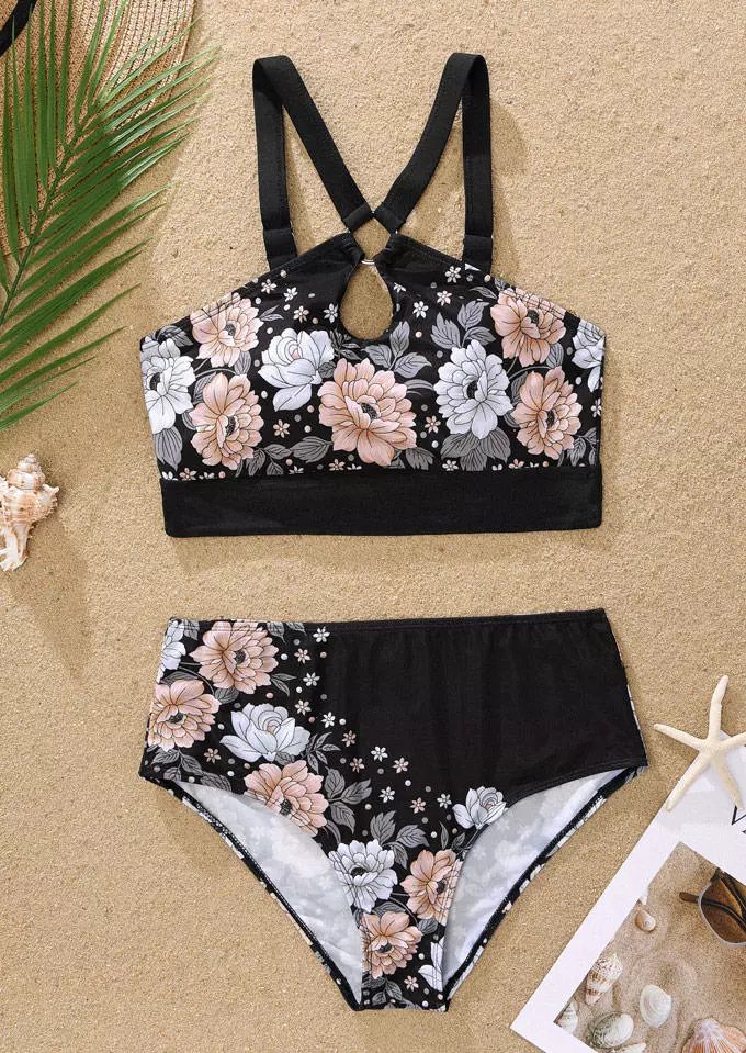 Floral Keyhole Neck Bikini Set - Black 4 Floral Keyhole Neck Bikini Set - Black - Image 2