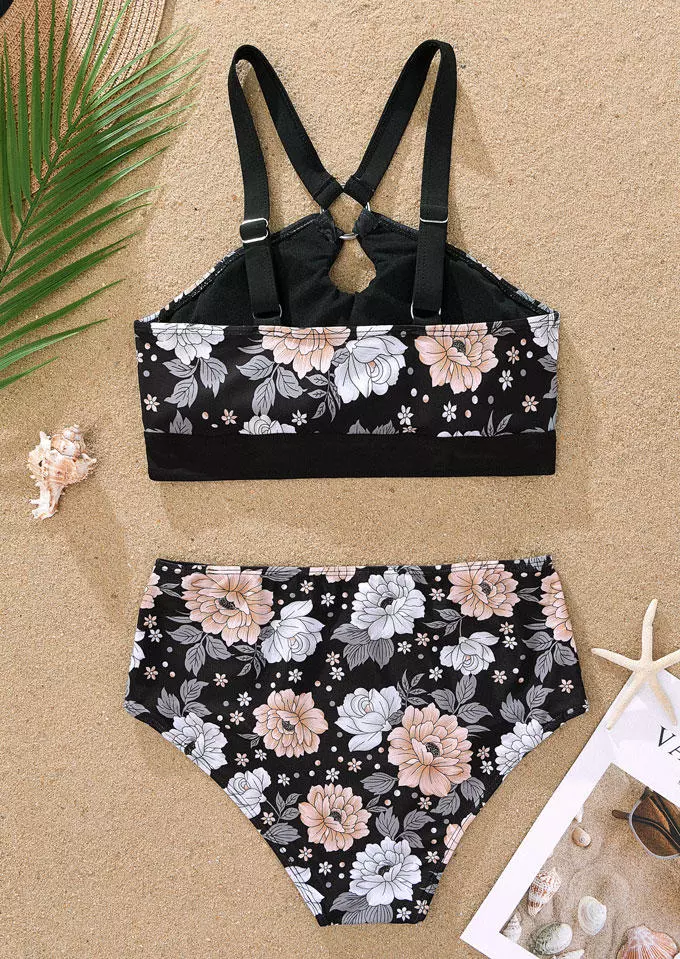 Floral Keyhole Neck Bikini Set - Black 5 Floral Keyhole Neck Bikini Set - Black - Image 3