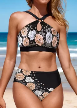 Floral Keyhole Neck Bikini Set - Black