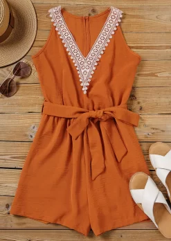 Lace Pocket V-Neck Romper With Belt - Orange 10 Lace Pocket V-Neck Romper With Belt - Orange -Garment Sale Store SCM014660 3 32762284463279 124