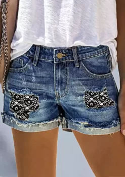 Lace Patch Pocket Denim Shorts - Blue