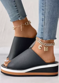 Peep Toe Platform Wedge Slippers - Black -Garment Sale Store SCM014685 2 33039699452983 124