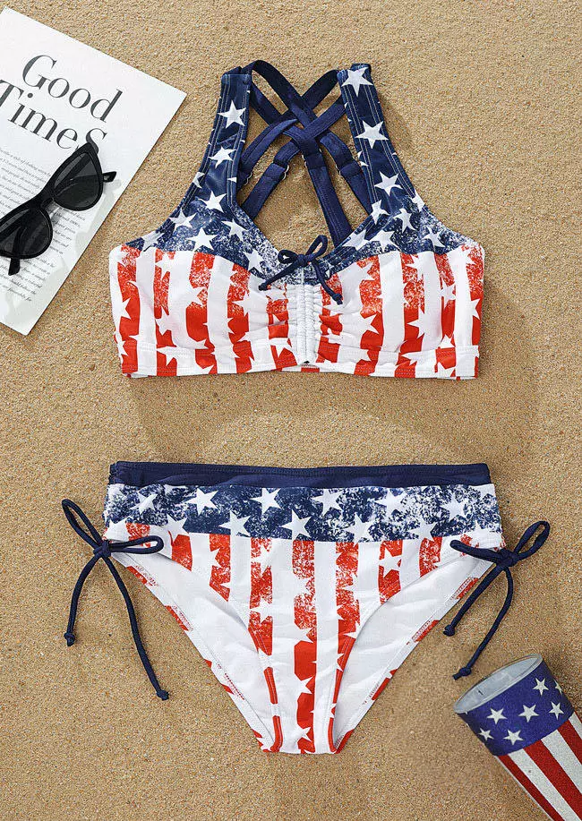 Striped Star Criss-Cross Tie Bikini Set 5 Striped Star Criss-Cross Tie Bikini Set - Image 3