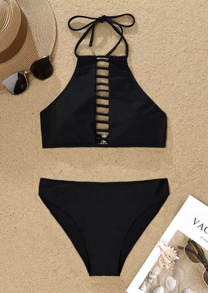 Hollow Out Halter Tie Bikini Set - Black 4 Hollow Out Halter Tie Bikini Set - Black - Image 2