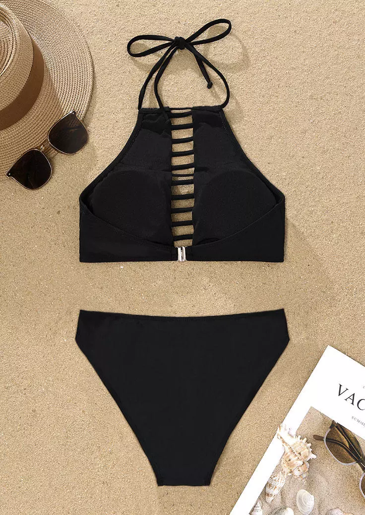 Hollow Out Halter Tie Bikini Set - Black 5 Hollow Out Halter Tie Bikini Set - Black - Image 3