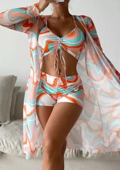 3Pcs Abstract Graphic Drawstring Tie Bikini Set