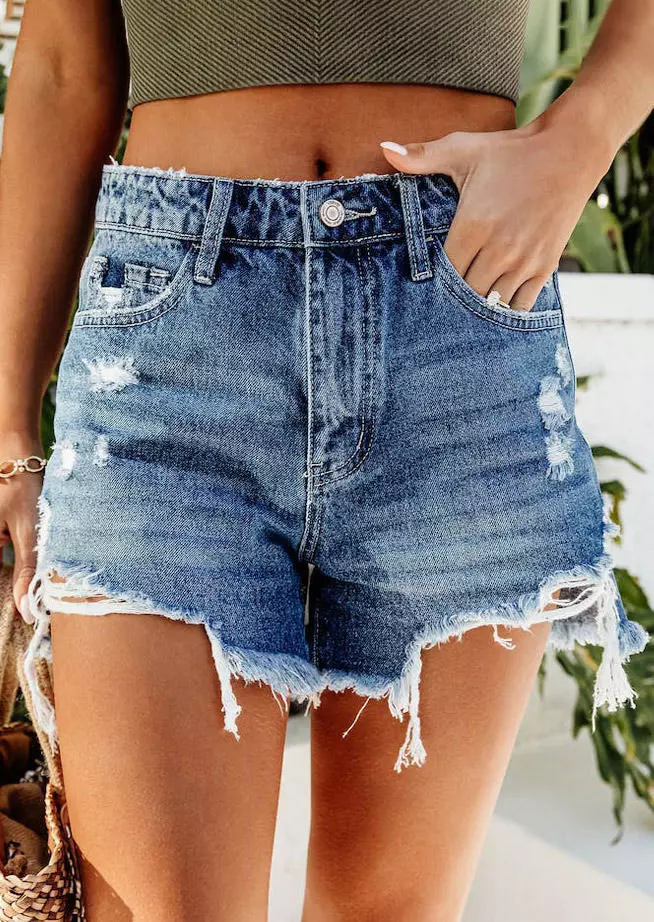 Pocket Button Ripped Frayed Hem Denim Shorts - Blue 3 Pocket Button Ripped Frayed Hem Denim Shorts - Blue