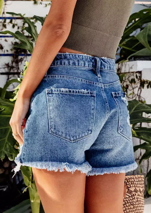 Pocket Button Ripped Frayed Hem Denim Shorts - Blue 6 Pocket Button Ripped Frayed Hem Denim Shorts - Blue - Image 4