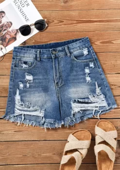 Pocket Button Ripped Frayed Hem Denim Shorts - Blue 13 Pocket Button Ripped Frayed Hem Denim Shorts - Blue -Garment Sale Store SCM014711 1 50922209404152 124