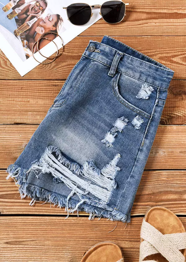 Pocket Button Ripped Frayed Hem Denim Shorts - Blue 8 Pocket Button Ripped Frayed Hem Denim Shorts - Blue - Image 6