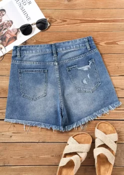 Pocket Button Ripped Frayed Hem Denim Shorts - Blue 15 Pocket Button Ripped Frayed Hem Denim Shorts - Blue -Garment Sale Store SCM014711 1 50922209471435 124
