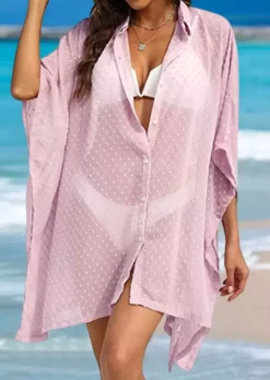 Dotted Swiss Slit Button Turn-down Collar Cover Up