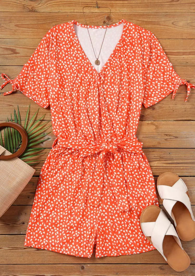 Geometric Button Pocket V-Neck Romper With Belt - Orange 4 Geometric Button Pocket V-Neck Romper With Belt - Orange - Image 2