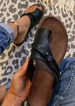 Summer Toe Ring Flat Slippers - Black