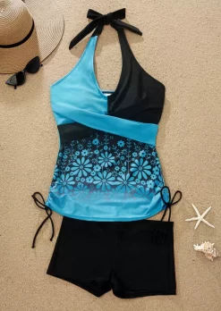 Color Block Floral Criss-Cross Halter Tankini Set - Black 7 Color Block Floral Criss-Cross Halter Tankini Set - Black -Garment Sale Store SCM014815 4 41012269266572 124