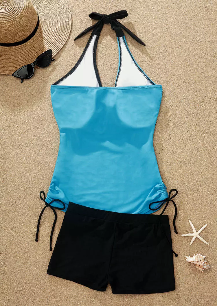 Color Block Floral Criss-Cross Halter Tankini Set - Black 5 Color Block Floral Criss-Cross Halter Tankini Set - Black - Image 3