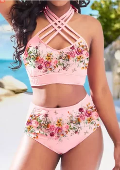 Floral Criss-Cross Tie Halter Bikini Set - Pink