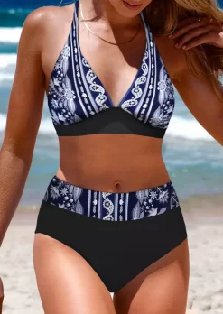 Paisley Floral Adjustable Strap Bikini Set - Black