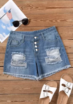 American Flag Pocket Button Ripped Hole Denim Shorts - Deep Blue -Garment Sale Store SCM014881 1 42060830008223 124