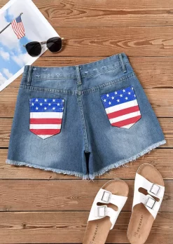 American Flag Pocket Button Ripped Hole Denim Shorts - Deep Blue -Garment Sale Store SCM014881 1 42060830044186 124