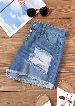 American Flag Pocket Button Ripped Hole Denim Shorts - Deep Blue -Garment Sale Store SCM014881 1 42060840078448 124