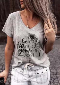 Believe There Is Good In The World Floral T-Shirt Tee - Gray
