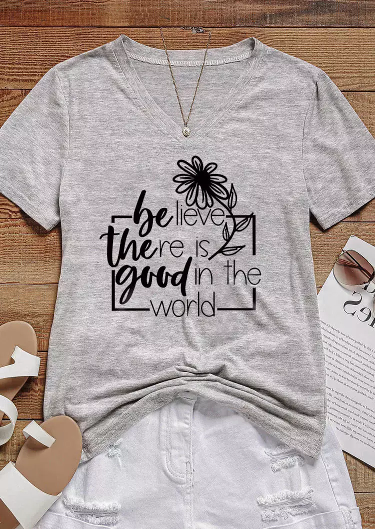 Believe There Is Good In The World Floral T-Shirt Tee - Gray 4 Believe There Is Good In The World Floral T-Shirt Tee - Gray - Image 2