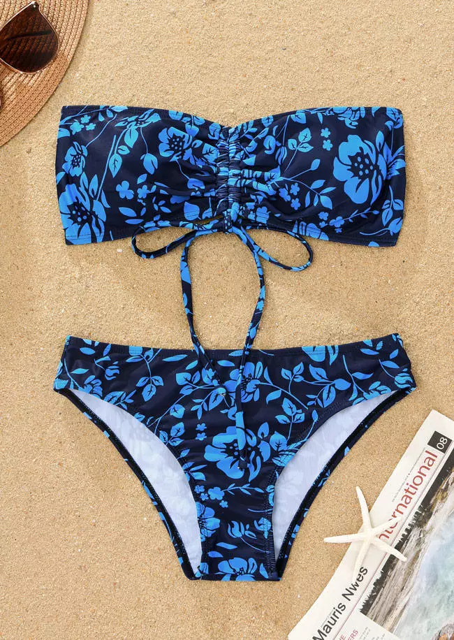 Floral Strapless Bandeau Drawstring Bikini Set - Navy Blue 4 Floral Strapless Bandeau Drawstring Bikini Set - Navy Blue - Image 2