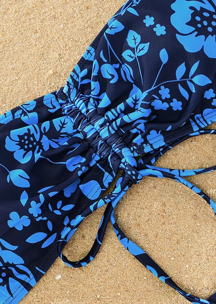 Floral Strapless Bandeau Drawstring Bikini Set - Navy Blue 6 Floral Strapless Bandeau Drawstring Bikini Set - Navy Blue - Image 4