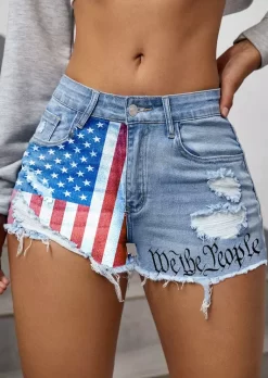 We Are People American Flag Ripped Hole Pocket Denim Shorts - Light Blue