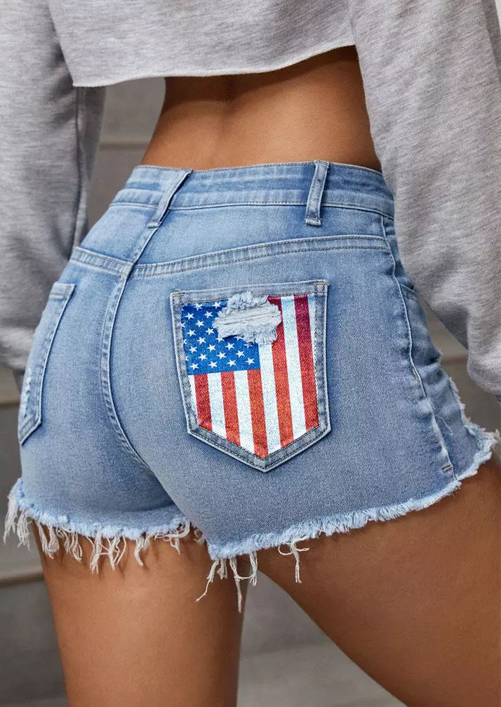 We Are People American Flag Ripped Hole Pocket Denim Shorts - Light Blue 4 We Are People American Flag Ripped Hole Pocket Denim Shorts - Light Blue - Image 2