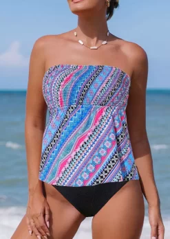 Allover Print Smocked Strapless Bandeau Tankini Set