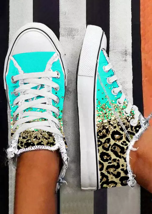 Leopard Gradient Frayed Lace Up Flat Sneakers - Cyan 4 Leopard Gradient Frayed Lace Up Flat Sneakers - Cyan - Image 2