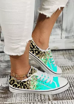 Leopard Gradient Frayed Lace Up Flat Sneakers - Cyan 7 Leopard Gradient Frayed Lace Up Flat Sneakers - Cyan -Garment Sale Store SCM015013 3 33004767509007 124