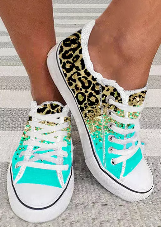 Leopard Gradient Frayed Lace Up Flat Sneakers - Cyan 3 Leopard Gradient Frayed Lace Up Flat Sneakers - Cyan