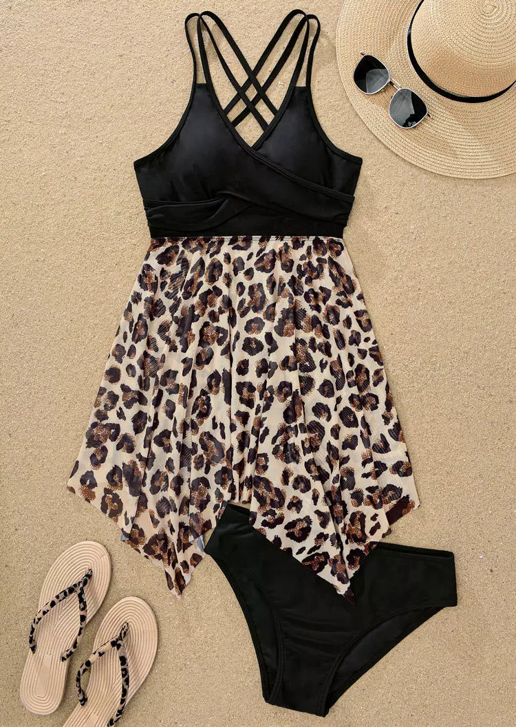 Leopard Criss-Cross Backless Tankini Set - Black 6 Leopard Criss-Cross Backless Tankini Set - Black - Image 4