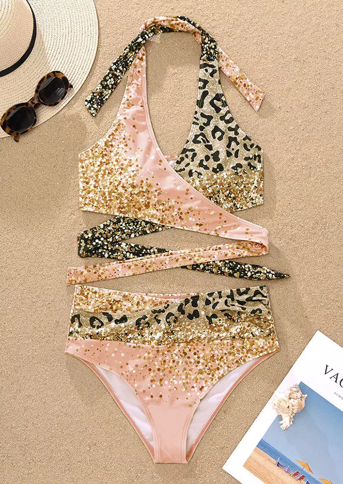Leopard Glitter Ruched Hollow Out Halter Bikini Set - Pink 4 Leopard Glitter Ruched Hollow Out Halter Bikini Set - Pink - Image 2