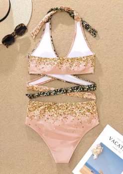 Leopard Glitter Ruched Hollow Out Halter Bikini Set - Pink 8 Leopard Glitter Ruched Hollow Out Halter Bikini Set - Pink -Garment Sale Store SCM015102 1 41006189417691 124