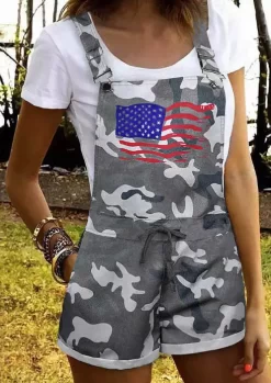 American Flag Camouflage Pocket Overall Romper - Blue