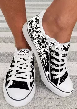 Floral Frayed Round Toe Flat Sneakers - Black