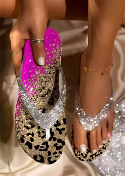 Leopard Rhinestone Flat Flip Flops Slippers - Rose Red