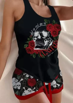 Shut Up And Give Me Small Town Murder Podcast Rose Skull Tank And Shorts Pajamas Set - Black