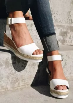 Buckle Strap Peep Toe Wedge Sandals - White